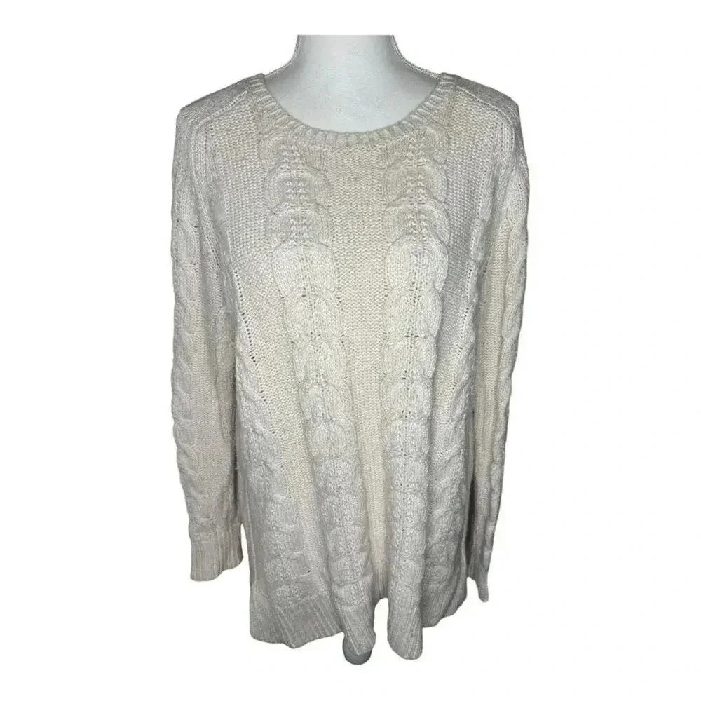 Ann Taylor LOFT Women’s Large Cream Cable Knit Cozy Long Sweater‎